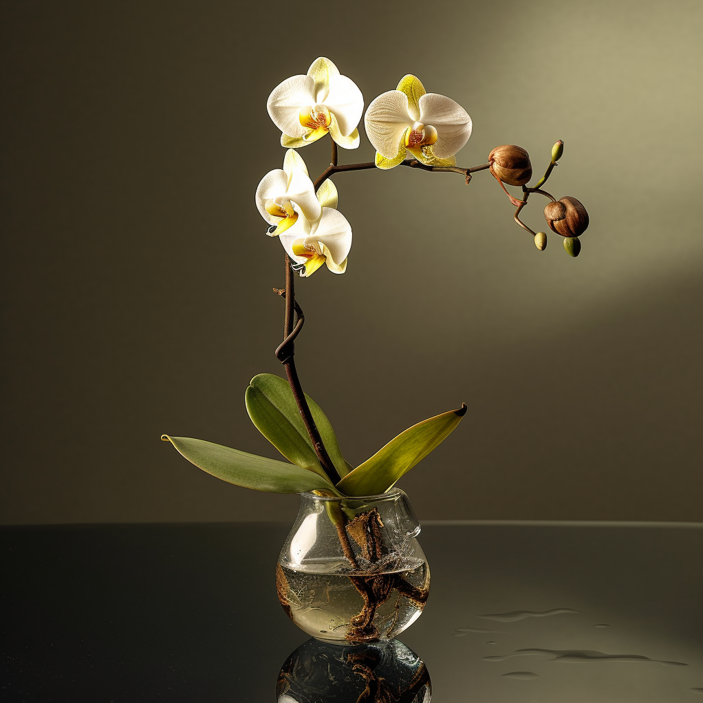 An image depicting signs of water shortage in Phalaenopsis orchids, such as wilted or yellowing leaves.