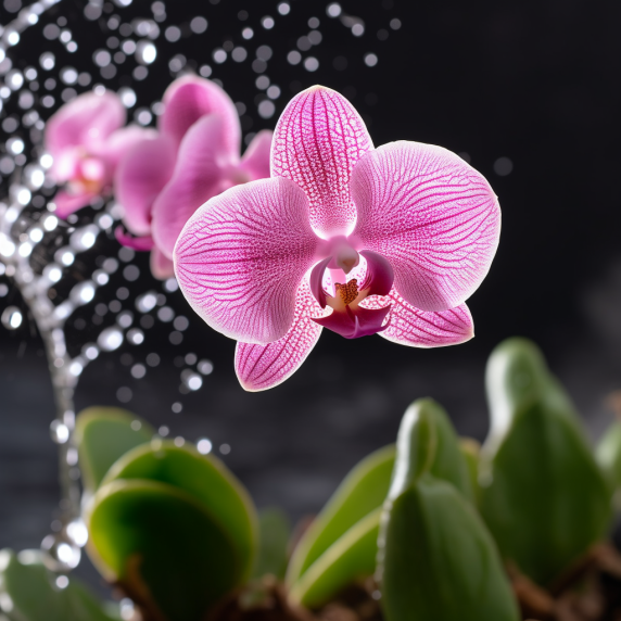 An image illustrating proper watering techniques for Phalaenopsis orchids, showing the process of watering the plant.